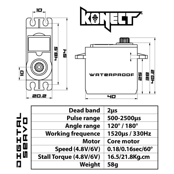 Konect digital servo 21kg-0.16s waterproof/metal gears.